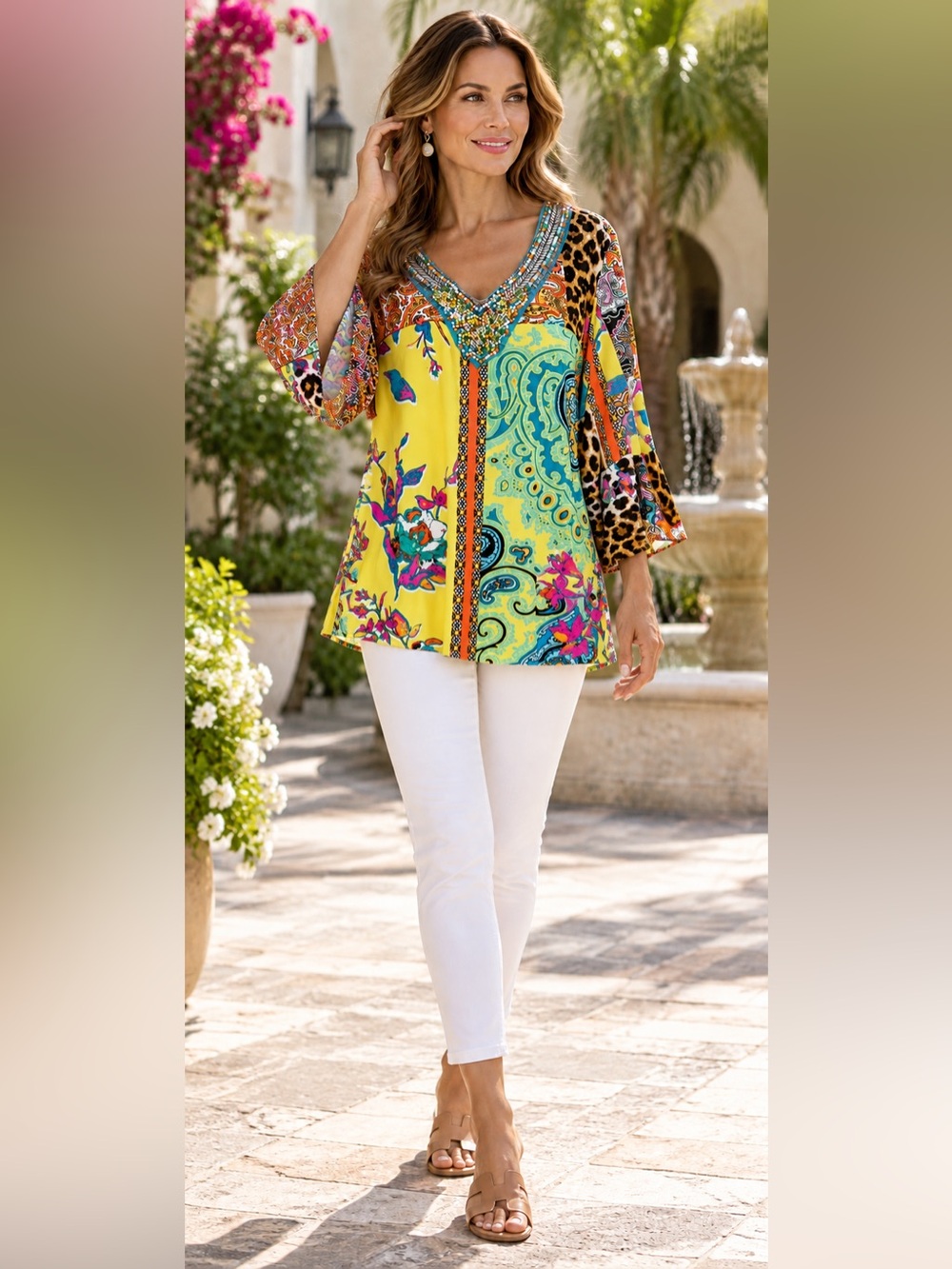 MELISSA PAGE Embellished Print Bell Sleeve Top S